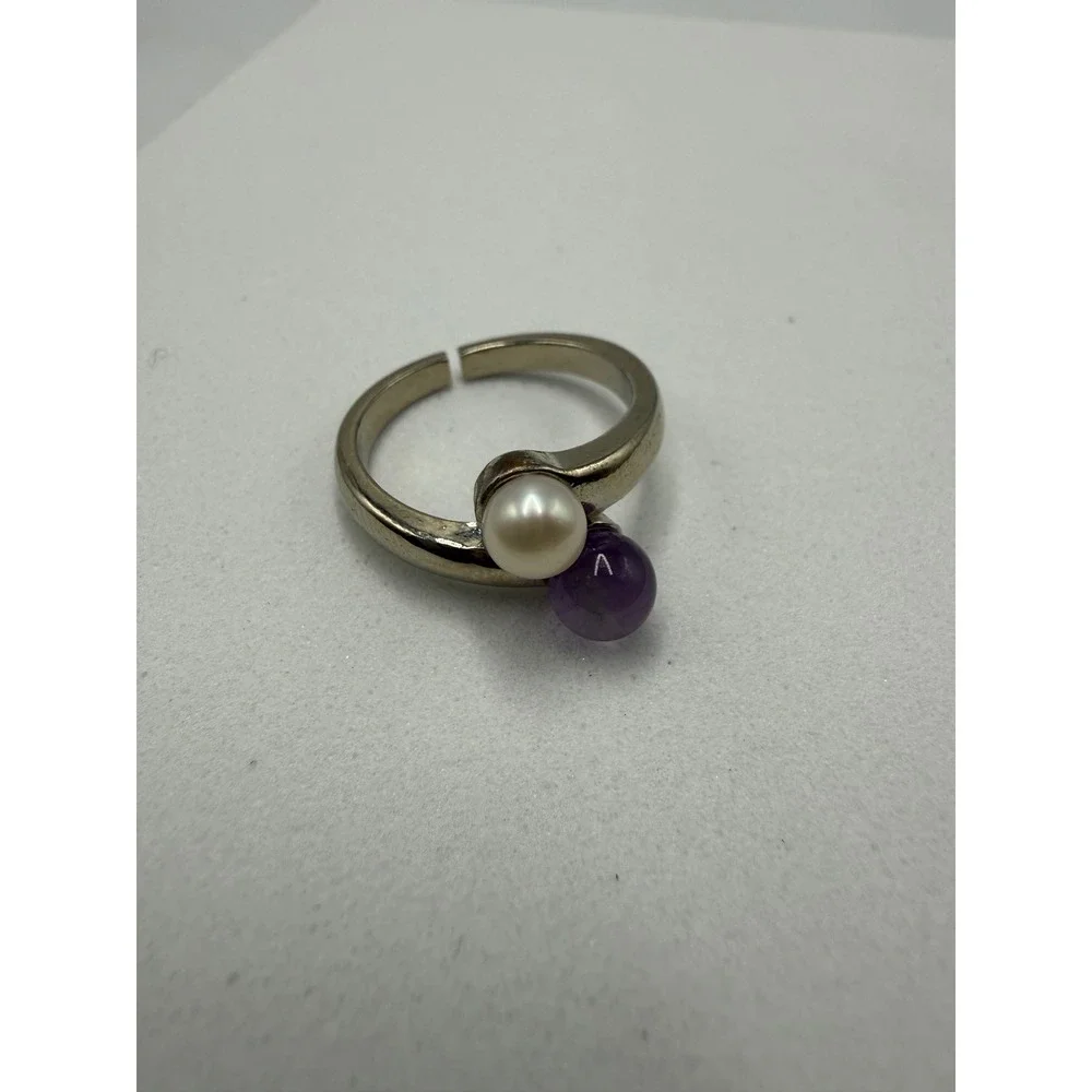 Vintage Bypass Ring White Pearl Purple Amethyst Stone‎ Silver Tone Size 7.5
